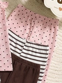 Infant Toddler Ribbed Ruffle Peter Pan Collar Long Sleeve T-Shirt And Flare Pants 2 Pieces Set, Polka Dot Print, Ribbed Print, Brown Solid Color Ribbed, Soft Fabric, Bowknot Accent Comfortable Casual Outfit, Suitable For Spring, Autumn And Winter - Multicolor - View 4