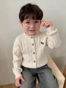 Hapijoa Infant (Boy) Round Neck Cable Knit Cartoon Embroidered Long Sleeve Solid Color Sweater - White - View 1