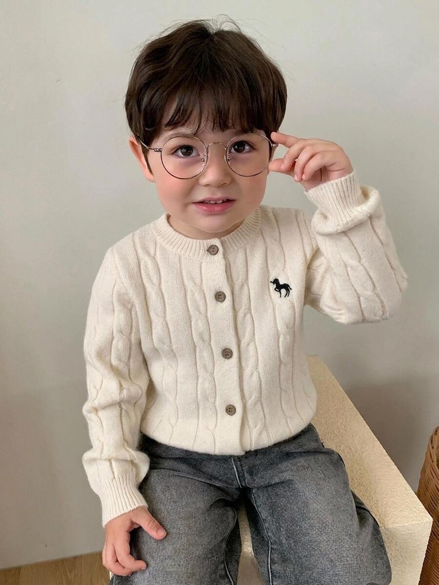 Hapijoa Infant (Boy) Round Neck Cable Knit Cartoon Embroidered Long Sleeve Solid Color Sweater - White - View 1
