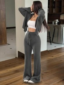 SHEIN EZwear 2件組女款休閒純色寬肩帶開襟衫與抽繩腰寬腿褲套裝，秋季/旅行黑色 - 深灰色 - 查看 7
