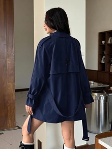SHEIN EZwear 女款新款純色雙排扣休閒中長款風衣 - 藏蓝色 - 查看 2