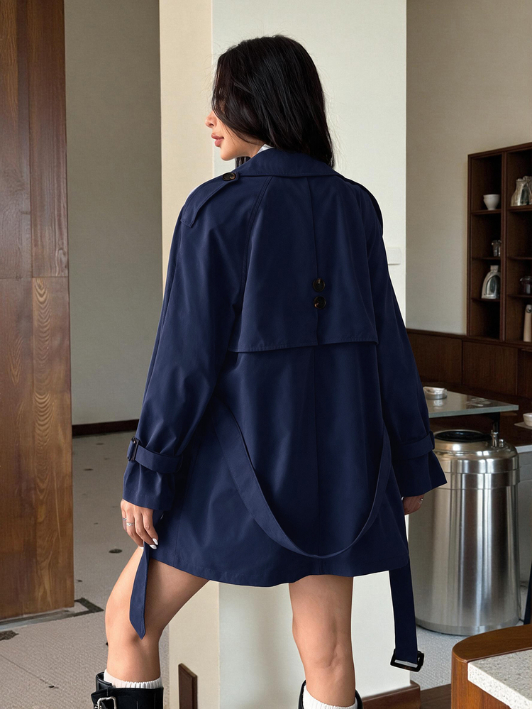 SHEIN EZwear Women's New Solid Color Double-Breasted Casual Mid-Length Trench Coat - Navy Blue - View 2