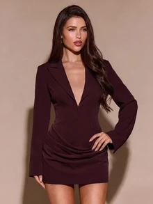 SHEIN BAE 時尚優雅通勤西裝外套、粉色西裝洋裝、長袖 + 迷你裙、職場女力洋裝、回歸辦公室、粉色套裝洋裝、約會之夜 / 婚禮賓客 - 紫紅色 - 查看 7