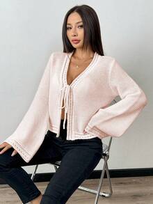 Elenzga Women's Solid Color Casual Elegant Romantic Daily Date Cardigan Brunch Soft Pink Fall - Pink - View 4