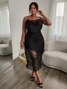 Firerie Plus Size Solid Color Sexy Lace Patchwork Spaghetti Strap Waist-Cinched Dress - Black - View 7