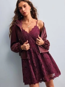Willow Rêve Women's Embroidered Fabric Brown Waist Hollow Long Sleeve Mini Dress - Brown - View 6