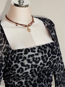 SHEIN ICON Plus Size Women Leopard Print Fitted Versatile Everyday Top - Grey - View 5