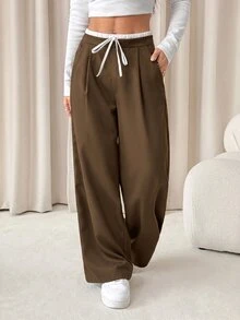SHEIN PETITE 女款拼色休閒日常長褲，女士春秋休閒抽繩口袋長褲，自然風格 - 棕色 - 查看 3