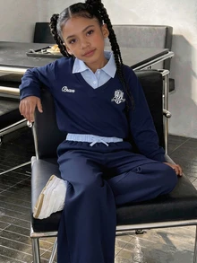 Girls' (Big) Navy Blue 2 Pieces Set, Navy Blue Long Sleeve Sweatshirt + Light Blue Collar Faux Layered Design, Ribbed Cuffs; Paired With Matching Wide Leg Pants, Suitable For Daily School, Back To School, Suburban Outings, Sister Gatherings, Visiting Friends And Family, Spring And Autumn Wear, Stylish And Cute - Royal Blue - View 1