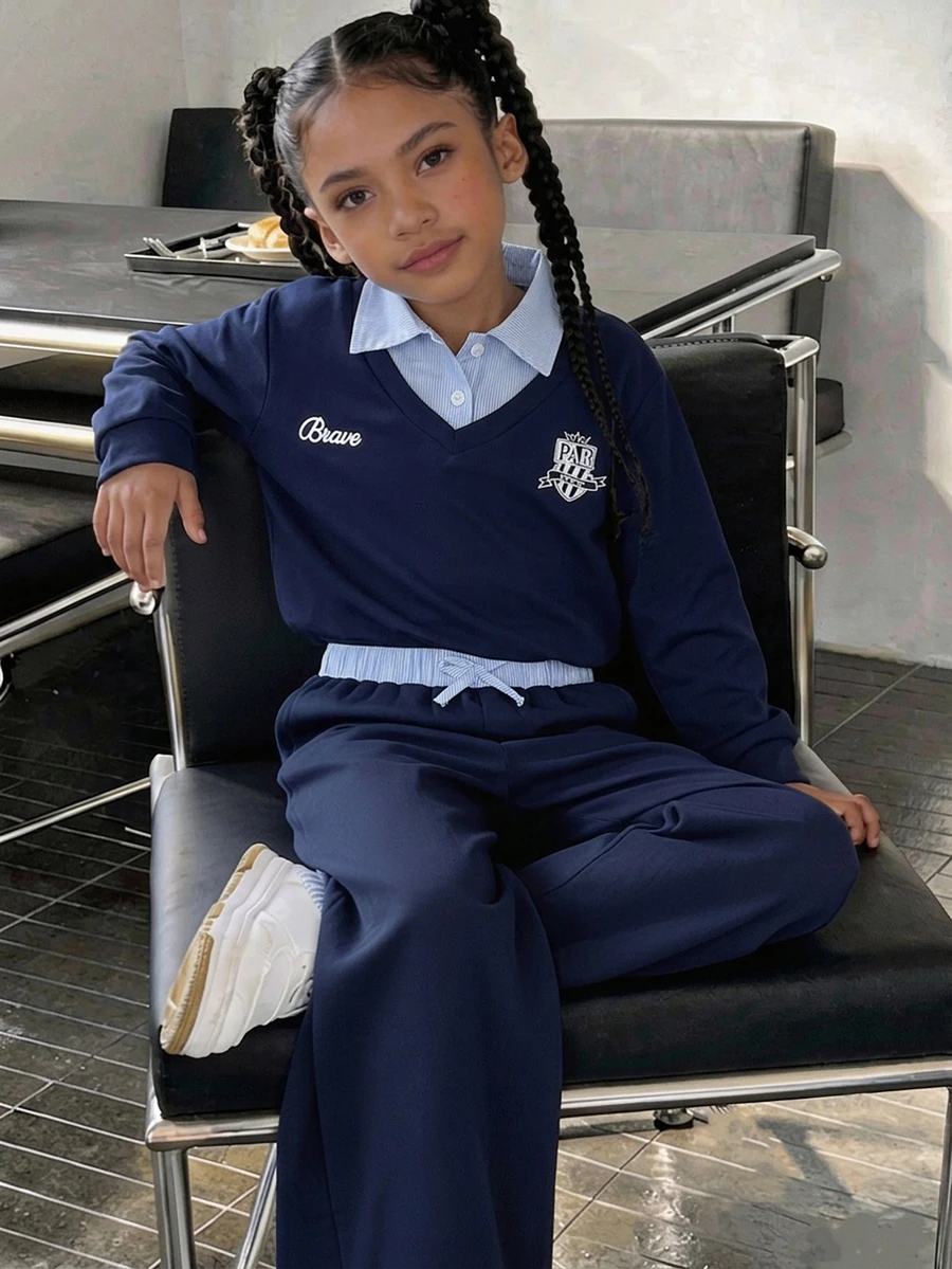 Girls' (Big) Navy Blue 2 Pieces Set, Navy Blue Long Sleeve Sweatshirt + Light Blue Collar Faux Layered Design, Ribbed Cuffs; Paired With Matching Wide Leg Pants, Suitable For Daily School, Back To School, Suburban Outings, Sister Gatherings, Visiting Friends And Family, Spring And Autumn Wear, Stylish And Cute - Royal Blue - View 1
