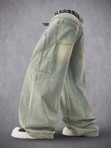 Manfinity Denimwave Men's Loose Wide Leg Light Wash Distressed Denim Jeans - Light Wash - View 2