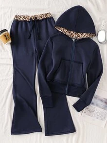 SHEIN Tween Girl Dark Grey Zip-Up Hooded Sweatshirt And Sweatpants Casual Set Kids - Navy Blue - View 1