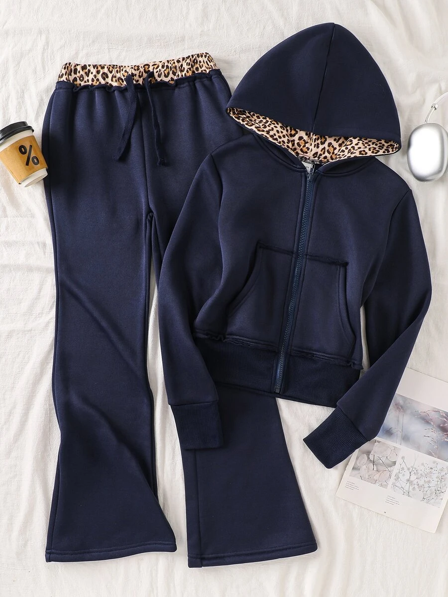 SHEIN Tween Girl Dark Grey Zip-Up Hooded Sweatshirt And Sweatpants Casual Set Kids - Navy Blue - View 1