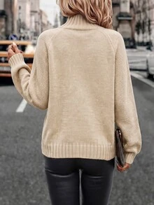 SHEIN 女款百搭羅紋拼接袖口套頭毛衣 - 米色 - 查看 2