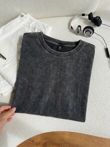 Comfortcana Casual Minimalist Black & Grey Plus Size Drop Shoulder T-Shirt Suitable For Summer And Autumn - Black - View 4