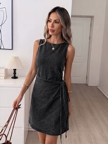 Easowa Women's Solid Color Casual Daily Summer Denim Dress - Black - View 9