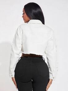 SHEIN SXY 女款單排扣休閒日常牛仔夾克 - 白色 - 查看 2