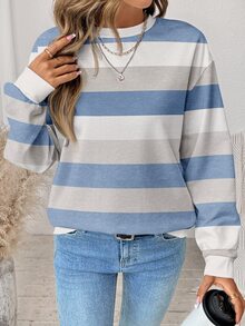 SHEIN LUNE 女款極簡條紋拼接配色長袖運動衫 - 白色 - 查看 3