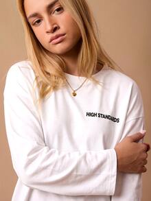 Athîral Women's Loose Round Neck Striped Long Sleeve Letter T-Shirt - White - View 5