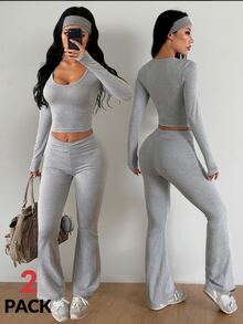 Coolane Women's Solid Color Long Sleeve T-Shirt And Pleated Pants 2 Pieces Set - Grey - View 2