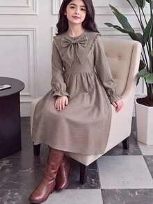 Tween Girl Tween Girl Tween Girl Tween Girls Long Sleeve Plaid Cinched Waist Bow Exaggerated Collar Long D - Khaki - View 2