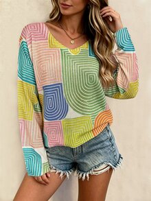 Vaclyn Women's V-Neck Long Sleeve Striped Loose Casual Sweater - Multicolor - View 4