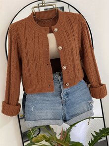INAWLY Caramel Cable Knit Cardigan, Round Neck Pearl Button Short Vintage Soft Style Plus Size Women's Sweater - Brown - View 3