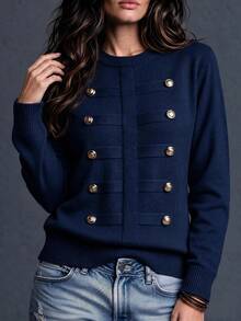 Trelyra Women's Soft Knit Top With Double-Breasted Gold Buttons, Gentle Style, Commuter - Navy Blue - View 6