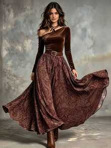 LUMIGAL Women's Elegant Printed Velvet Asymmetrical Shoulder Set - Brown - View 1