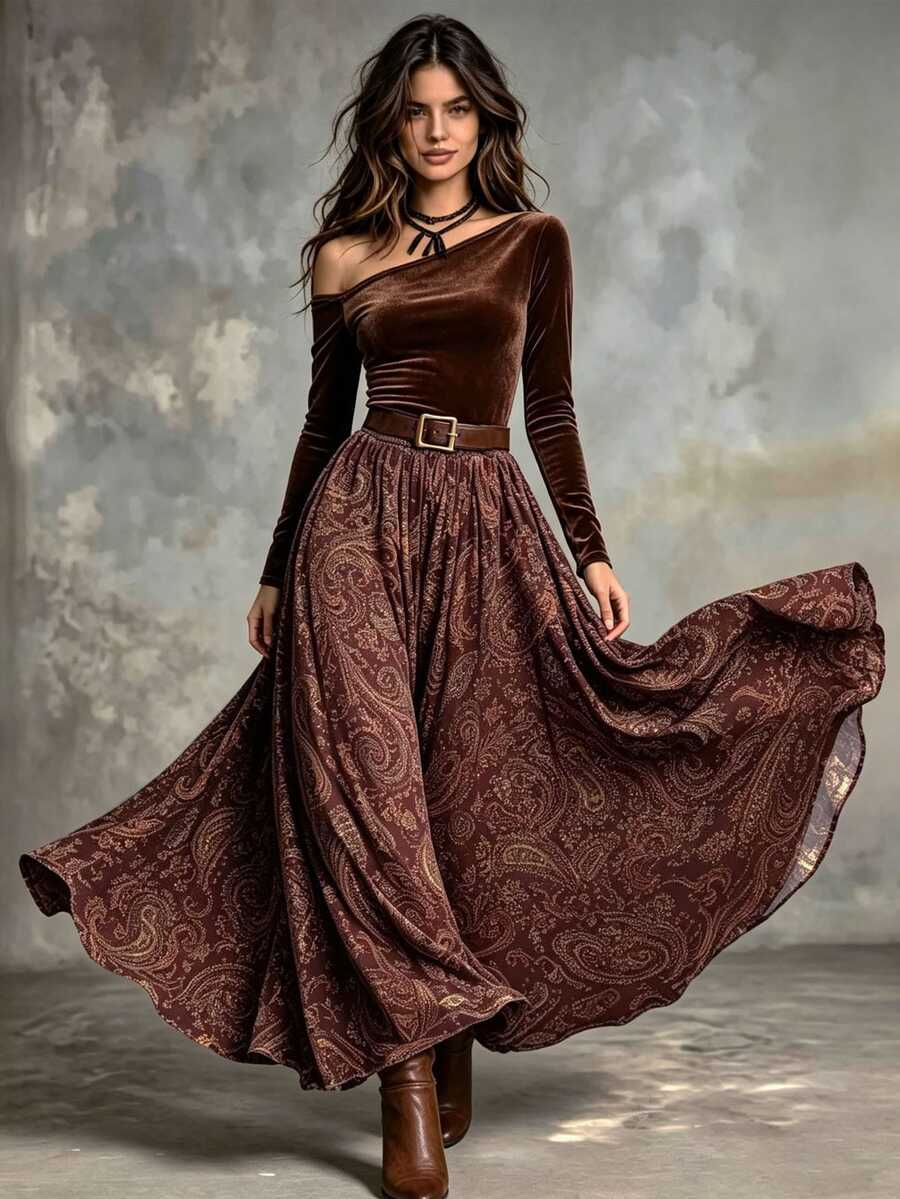LUMIGAL Women's Elegant Printed Velvet Asymmetrical Shoulder Set - Brown - View 1