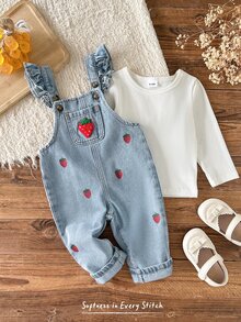 Cozy Pixies Infant (Girl) Denim Cute Sweet Playful Strawberry Pattern Ruffle Collar Denim Print Jumpsuit - Blue - View 1