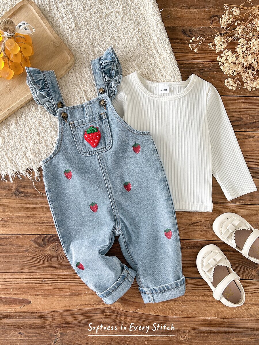 Cozy Pixies Infant (Girl) Denim Cute Sweet Playful Strawberry Pattern Ruffle Collar Denim Print Jumpsuit - Blue - View 1