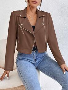 SHEIN 女款棕色前拉鍊長袖翻領口袋百搭夾克 - 棕色 - 查看 6