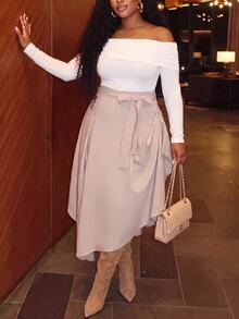 Slaydiva Plus Size Women's Skirt, Khaki Tie Waist Asymmetrical Slit Flowy Midi Skirt Fall - Khaki - View 6