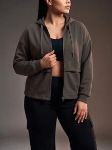 Powerista Women's Plus Size Deep Army Green Loose Drawstring Sports Alternative Baggy Jacket Fall Workout Active Pickleball - Army Green - View 7