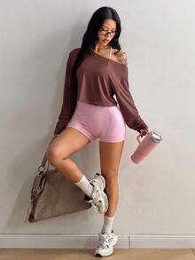 Coolane Women's Solid Color Asymmetrical Shoulder Casual Daily Long Sleeve T-Shirt - Brown - View 2