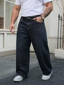 DAZY Spring/Autumn Navy Blue Original Color Denim Washed Distressed Plus Size Men's Jeans - Blue - View 1