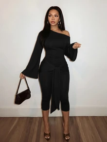 Slaydiva Women's Solid Color Asymmetrical Shoulder Casual Daily Wear Jumpsuit - Black - View 5