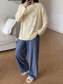 DAZY 2pcs Happy Puppy Pattern Loose Long Sleeve T-Shirt & Straight Leg Long Pants Women's Pajama Set - Yellow - View 3