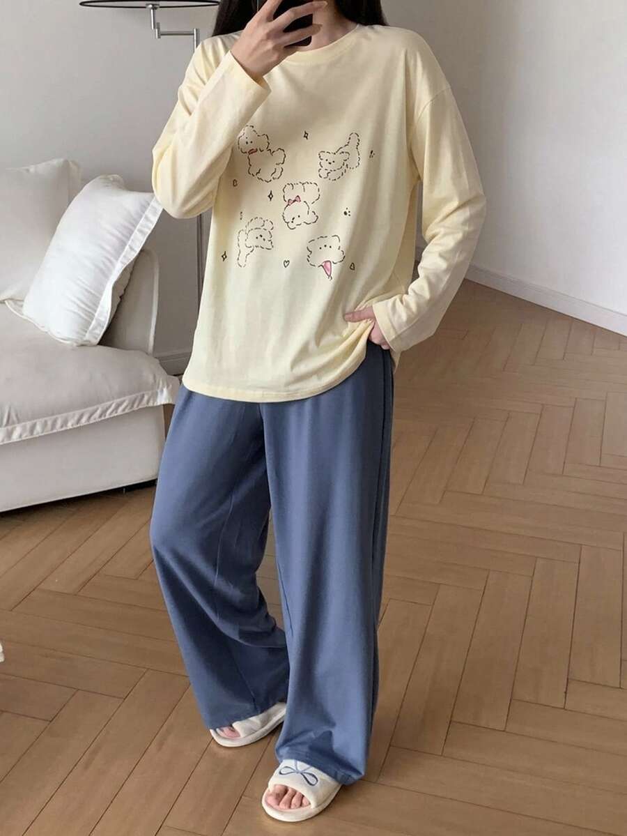 DAZY 2pcs Happy Puppy Pattern Loose Long Sleeve T-Shirt & Straight Leg Long Pants Women's Pajama Set - Yellow - View 1