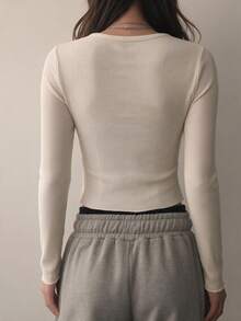 DAZY Women's Fitted Short Long Sleeve Ribbed T-Shirt - White - View 6