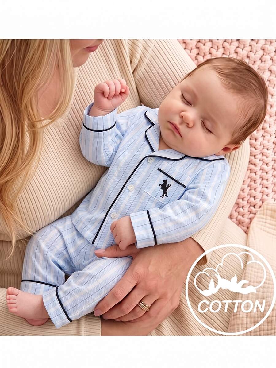SHEIN Newborn Baby Boy Two-Tone Striped Fabric Collared Contrast Trim Animal Print Patch Pocket Button-Up Loose Top And Casual Straight Leg Pants Set, Suitable For Winter - Blue - View 1