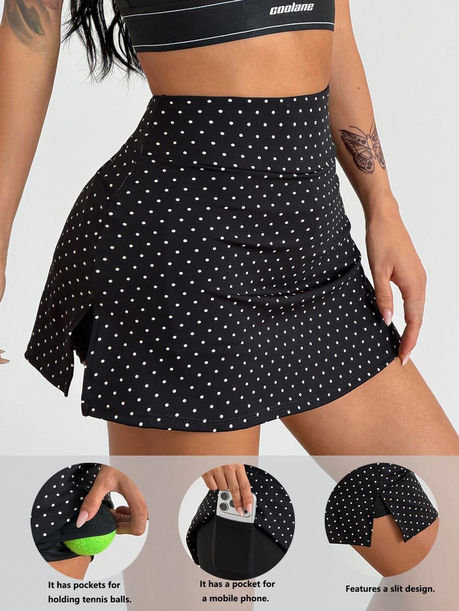 Coolane Women's Summer Compression Shorts Pocket Polka Dot Breathable Material Badminton Tennis Sport Skirt - Black - View 1