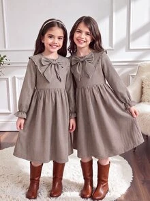 Tween Girl Tween Girl Tween Girl Tween Girls Long Sleeve Plaid Cinched Waist Bow Exaggerated Collar Long D - Khaki - View 17