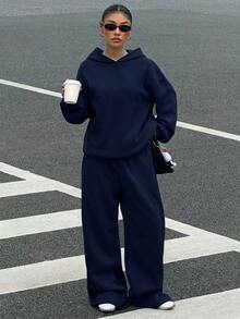 Muchica 女款 2 件組休閒極簡連帽衫套裝，純色運動衫套裝，適合約會、度假、派對、日常穿著、聚會、戶外活動 - 藏蓝色 - 查看 1