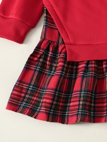 SHEIN 女童紅色拼接大學風運動衫洋裝，復古時尚百搭休閒日常穿搭，適合聖誕節、新年、聖誕派對洋裝、聖誕洋裝、聖誕禮物 - 紅色 - 查看 6