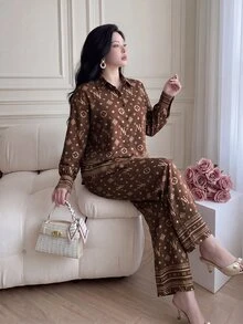 Vibekara Versatile Elegant Brown All-Over Print Long Sleeve Shirt + Straight Leg Wide Leg Pants Loose Fit Slimming Casual 2 Pieces Set - Rust Brown - View 3