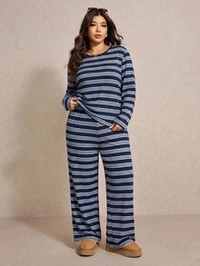 Elaquor 大尺碼女款圓領寬鬆條紋T恤與寬鬆直筒長褲2件套，秋冬款 - 彩色 - 查看 5