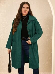 EMERY ROSE Plus Size Country Outfits Women Corduroy Double Pocket Button Placket Midi Coatan,Fall Women Clothes - Dark Green - View 1