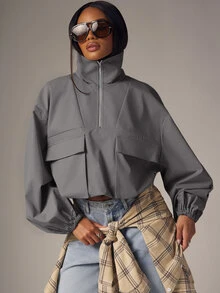 Denimoi High Neck Jacket Half Zip Oversized Flap Pockets Fall Fashion Streetwear Lightweight Jacket - Dark Grey - View 5